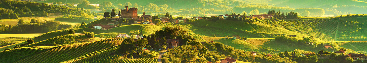 Langhe Weinberge Sonnenuntergang Panorama, Grinzane Covour, Piemont, Italien © iStock.com / StevanZZ